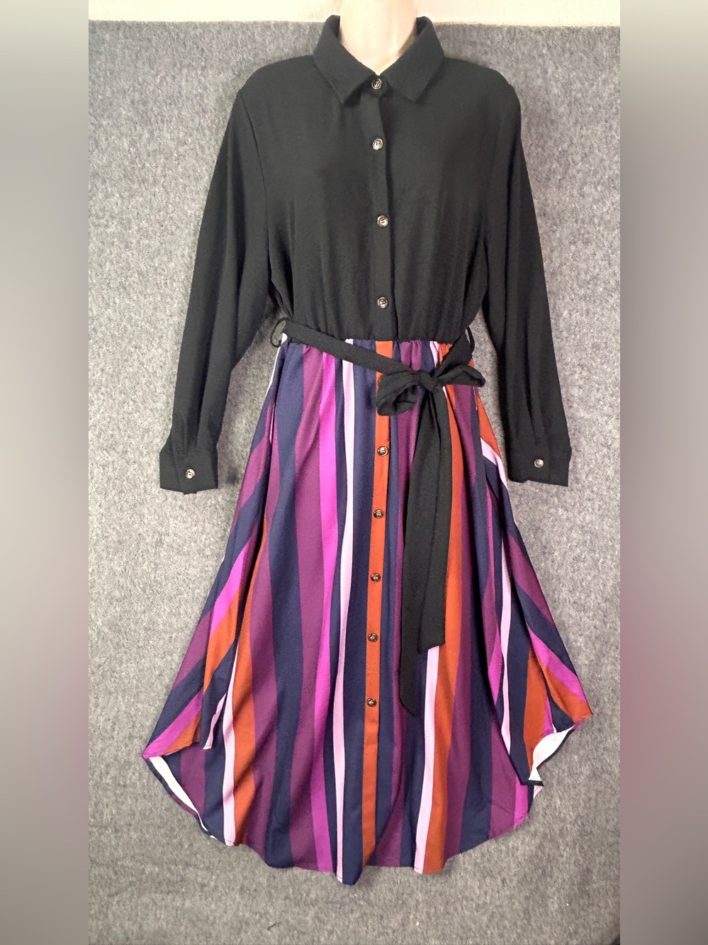 BloomChic Dress Womens 12 Multicolor Striped Shirt Midi Belted Fit & Flare